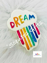 Load image into Gallery viewer, Rainbow Dream Cloud bath bomb  scented in slam bar fragranced (sweet and fruity), hand painted with hidden colour inside.
