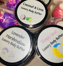 Load image into Gallery viewer, Luxury Body Butter  scented in coconut and lime, lavender marshmallow and sleepy head lush.
