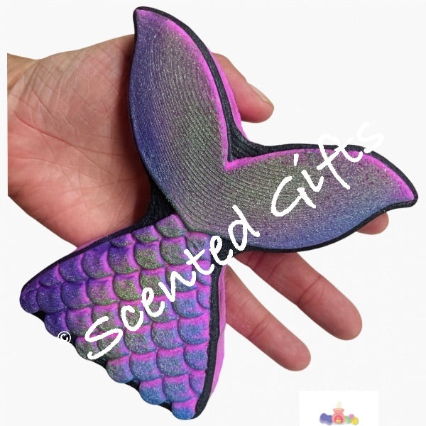 Auroras Tail bath bomb  Huge winter fairy scented mermaids tail with coloured embeds inside.  purple shimmer coloured bombhand painted design. 