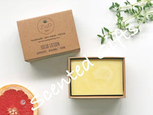 Load image into Gallery viewer, Solid Essential Oil Lotion bars  Our solid lotions are full of natural, pure and simple ingredients that will deeply moisturise and nourish your skin!  Being a solid product they&#39;re extra concentrated, so all you need to do is lightly rub the bar on your damp skin and then massage it to allow for full absorption.  All the solid lotions are 100% vegan-friendly, zero waste and palm-oil-free!  This rich lotion bar will deeply moisturise your skin in just one go!
