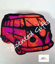 Load image into Gallery viewer, Camper Van Bath Bomb scented in coco mango coloured in neon pink orange red and black detailed outline.
