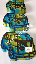 Load image into Gallery viewer, Camper Van Bath Bomb scented in creed coloured in blue green  and black detailed outline.
