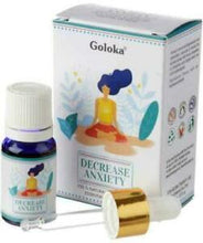 Load image into Gallery viewer, Goloka Essential Blend Oils  Stunningly Fragranced Aroma Oil Which Fills Your Home With A Wonderful And Long Lasting Aroma. These are safe to use in burners, plug in and humidifiers.  Brand: Goloka  Material: 100% Pure Essential Oil  Packaging: 10ml Bottle with Pipette  Vegan: Yes  Cruelty Free: Yes  Child Labour Free: Yes choice of:decreased anxiety energising anti depression
