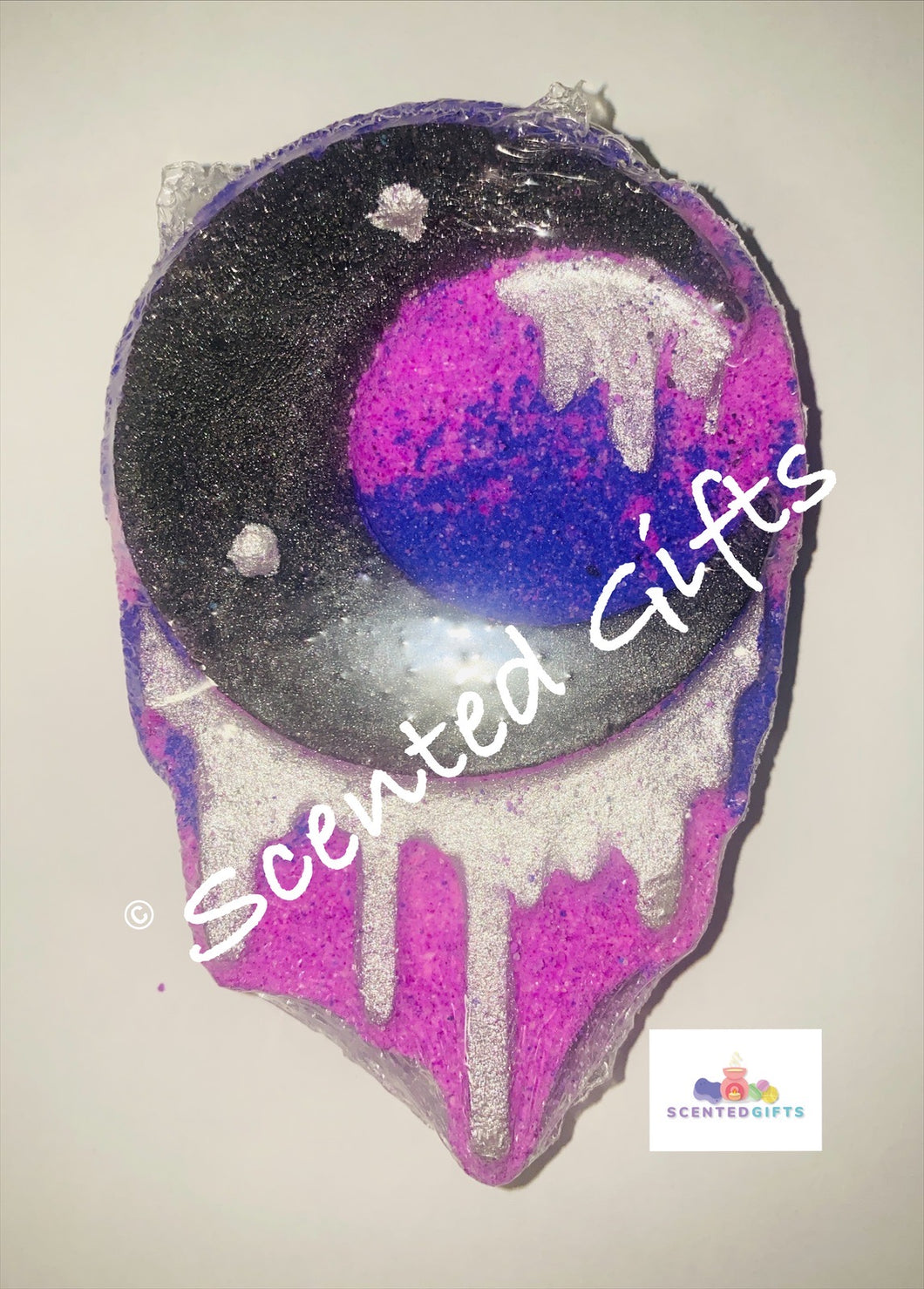  Drippy Love Heart Moon  A black shimmery moon with silver mica drips and layered pink and purple colours and scented in coconut cream.