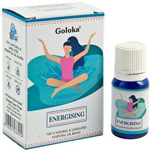 Load image into Gallery viewer, Goloka Essential Blend Oils  Stunningly Fragranced Aroma Oil Which Fills Your Home With A Wonderful And Long Lasting Aroma. These are safe to use in burners, plug in and humidifiers.  Brand: Goloka  Material: 100% Pure Essential Oil  Packaging: 10ml Bottle with Pipette  Vegan: Yes  Cruelty Free: Yes  Child Labour Free: Yes choice of:decreased anxiety energising anti depression. energsing
