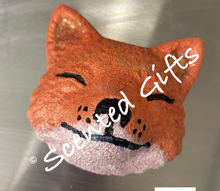 Load image into Gallery viewer, Freddie fox shaped bath bomb How cute is our Freddie fox! Fragranced in rhubarb and custard with hidden black embeds and orange with white and black detail. 
