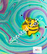 Load image into Gallery viewer, Bee bath bomb   A yellow and black bee shaped bath bomb with hidden embeds and scented in tutti fruity. 
