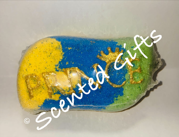 Prince Bar Bath Bomb  A green yellow and blue layered coloured bar shaped shaped bath bomb with raised mica gold ‘Prince’ writing and crown, scented in creed. 