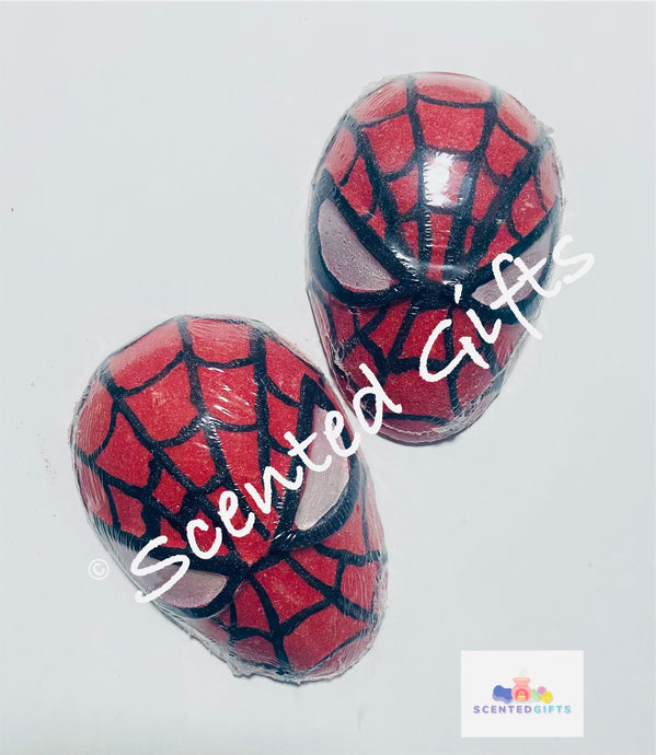 Spider Mask Bath Bomb  A red and black coloured spider mask shaped bath bomb with hand painted detail hidden embeds and scented in One Mill scented bath bomb (aftershave dupe)