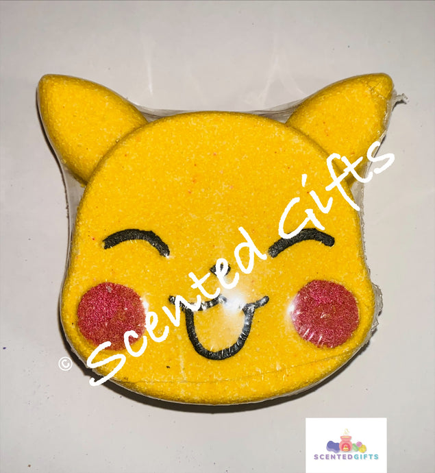 Peekipoo Bath Bomb A yellow pikachu face shaped bath bomb with hand painted detail coloured embeds and scented in jellybean.