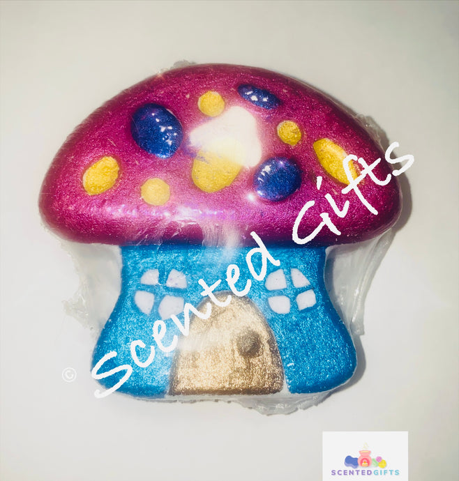 Fairy House bath bomb  A fairy house toad stool shaped bath bomb hand painted mica detail, coloured embeds  scented in sweet red berry sorbet.   