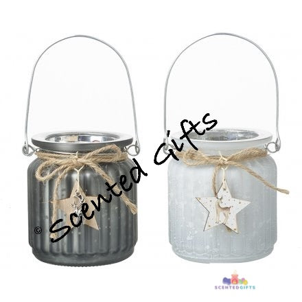 FROSTED GLASS CANDLE POTS WITH STAR HANGERS, 9CM