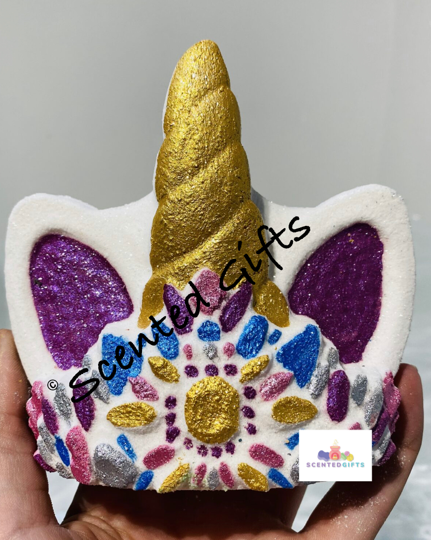 Queen Unicorn bath bomb, a huge glittery unicorn tiara, fragranced in snow fairy.  Hidden pink, purple & blue 